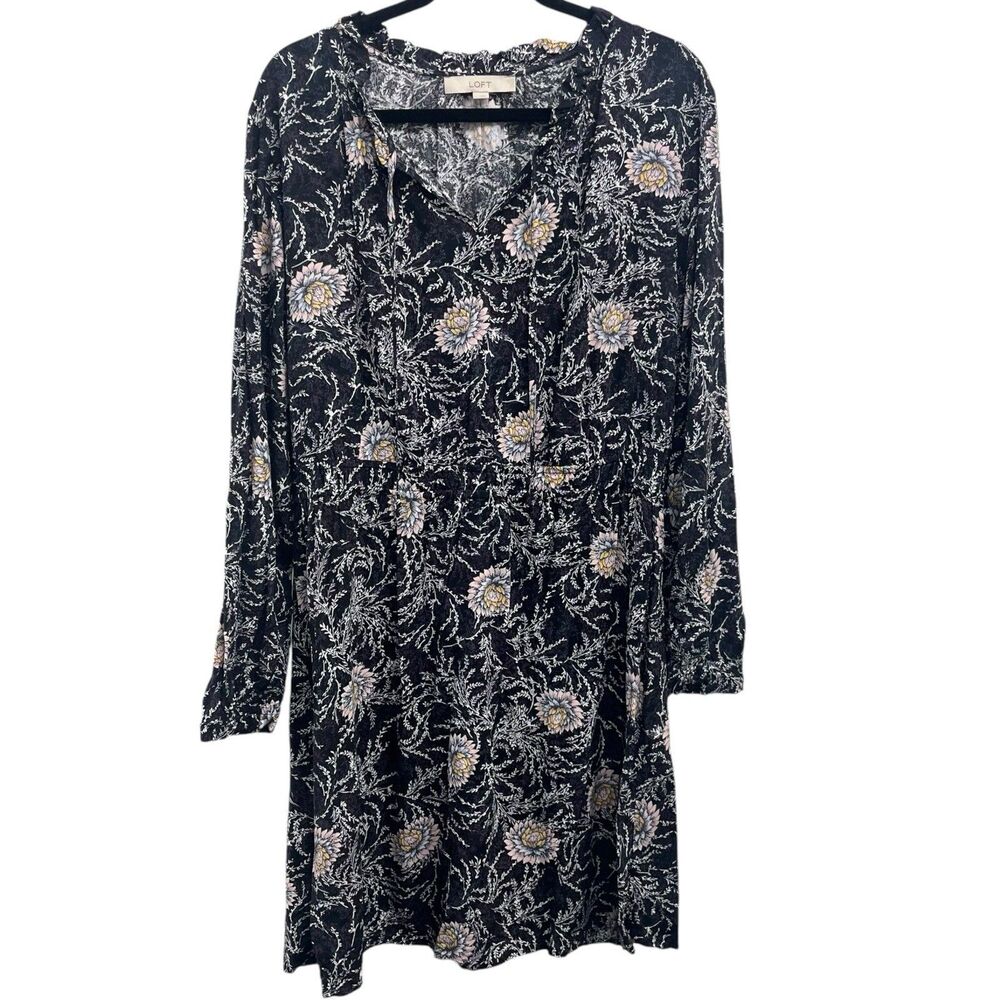 Ann Taylor LOFT Size Large Black Floral Long Sleeve Elastic Waist Midi Dress‎
